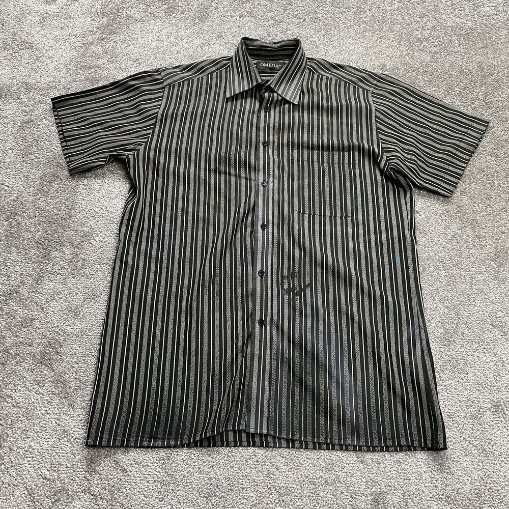 Omega Button Up Shirt Mens Medium Black Gray Striped Short Sleeve Collared Adult
